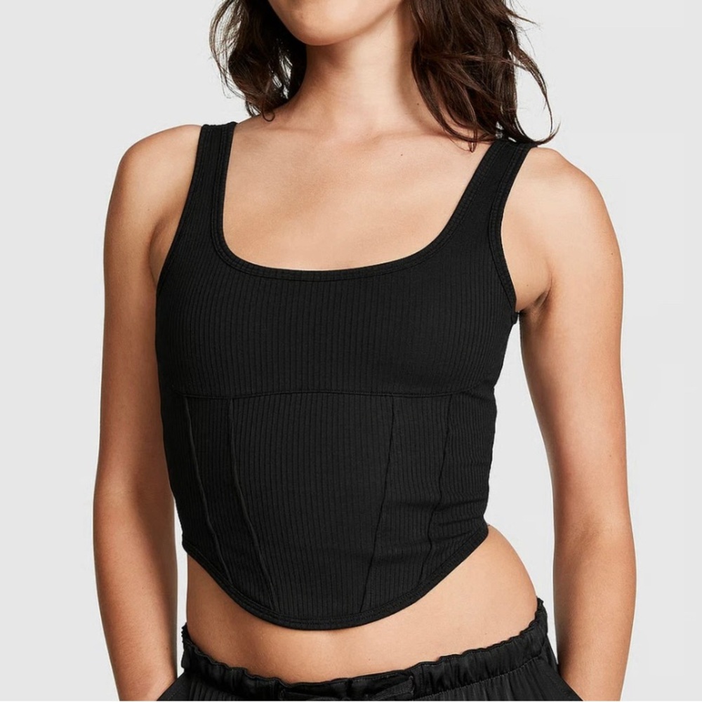 PINK Victoria's Secret Black Ribbed Scoop Cropped Tank M